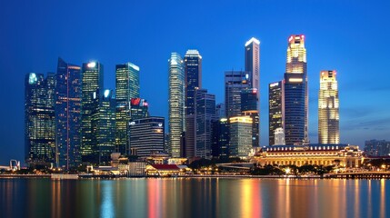 Fototapeta premium Cityscape, twilight, harbor, skyscrapers, reflection, Asia, business, financial district, panoramic, travel