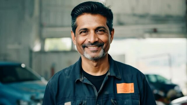 Smiley middle aged mixed race car repair master looking at camera. This friendly Indian car repair expert greets the camera with a smile, ready to assist with any issue.