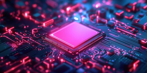 A close-up of an advanced circuit board with glowing neon lights, representing the high-tech nature and fast-paced world of data technology.