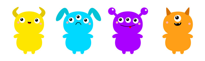 Monster set line. Happy Halloween. Cartoon kawaii funny character. Colorful silhouette monsters. Cute face with horns, teeth, eyes, hands. Childish baby collection. Flat design White background Vector