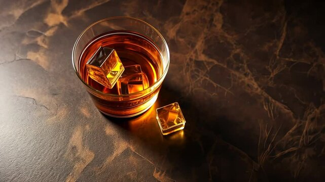 Top view of whiskey or bourbon glass with ice cube on a brown leather table.