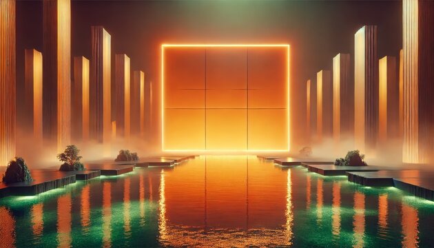 A surreal scene featuring a glowing neon cube at the center of a reflective floor, flanked by rows of tall red structures, with mist and vibrant lighting under a moody sky.