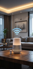 home automation, smart wifi virtual assistant device on a coffee table top of luxury living room 