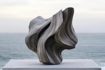 Abstract grey sculpture with flowing, layered forms, reminiscent of wood or stone, displayed...