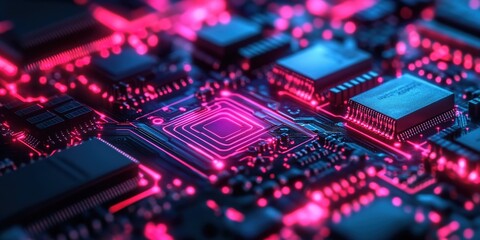 Fototapeta premium A close-up of an advanced circuit board with glowing neon lights, representing the high-tech nature and fast-paced world of data technology.