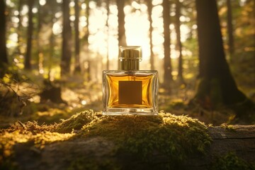 A perfume bottle sits on mossy log in a sun-dappled forest, evoking nature's essence.