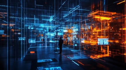 Obraz premium Futuristic Data Center with Neon Lights and Digital Visualization