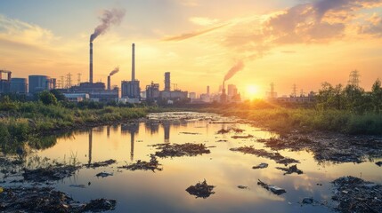 Naklejka premium Industrial Pollution Reflects in Sunset River Water