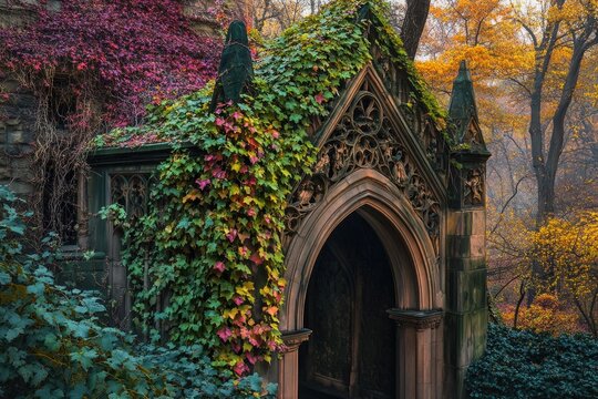 Ivy-covered gothic archway of a stone structure, autumn leaves abound.