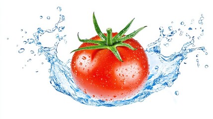 Suspended tomato splashing in water, capturing freshness and vitality against a clean white backdrop