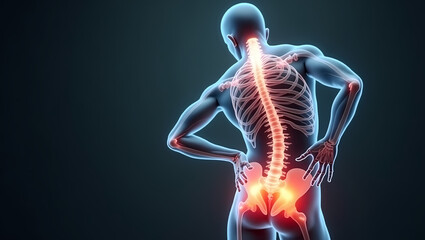 Transparent human figure, glowing red at the lower back and hips, stands against a black background, showcasing skeletal and muscular intricacies.