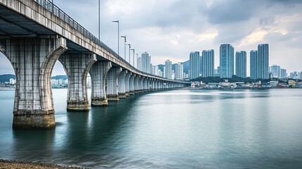 Fototapeta premium Coastal city bridge, long exposure, cityscape backdrop, travel