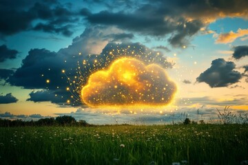 Golden cloud computing over green meadow at sunset: futuristic technology concept