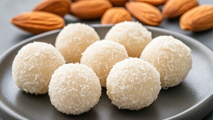 coconut-coated almond balls placed neatly on a gray ceramic plate