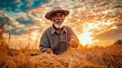 Elderly Farmer Harvesting Rice During Golden Sunset