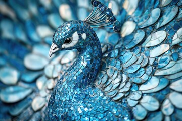 Fototapeta premium A stunning mosaic peacock, crafted from vibrant blue and white tiles, showcases intricate detail and artistry.