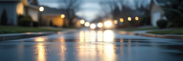 Blurred evening street with reflections and glowing streetlights after rain