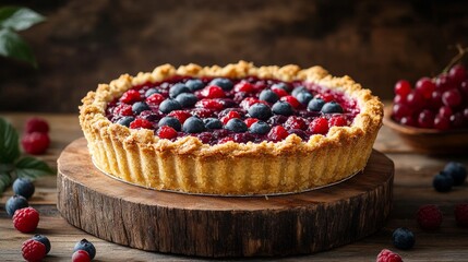 A homemade berry pie topped with an assortment of fresh berries, displayed on a wooden surface with rustic decor