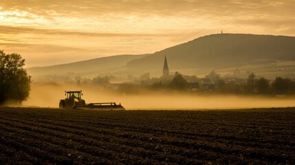 Fototapeta premium Tractor Plowing Field at Sunrise Rural Landscape