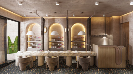 3d modern beauty center design, personal care center, render, interior, architecture, design
