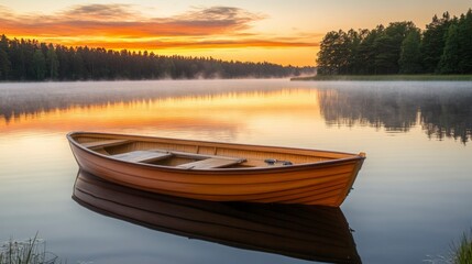 Wooden Rowboat on Calm Lake at Sunrise