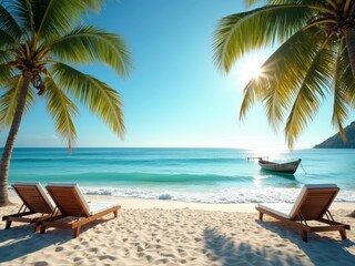 A bright sun shines over a tranquil beach with waves gently lapping the shore. The clear blue sky and sparkling water create a serene, inviting scene