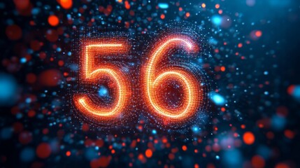 Glowing Digital Single Big 3D Number 56 in Futuristic Style on Digital Abstract Cyber Background