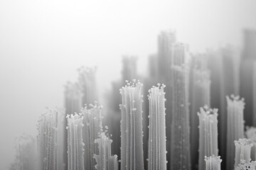 Fototapeta premium Abstract grayscale image of numerous slender, textured pillars resembling a futuristic city or microscopic structures.