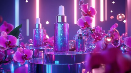 Orchid-Scented Serum: A Luxurious Pink & Purple Beauty Product Display