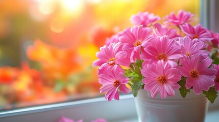 Fototapeta premium Pink Flowers in a White Pot near Window with Autumnal Background
