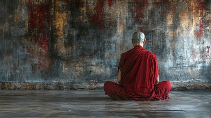 Monk Meditating Before Ancient Wall