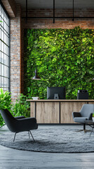 Modern Office with Vertical Garden and Cozy Seating for Eco-Friendly Workspaces