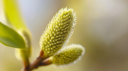 Close-up of dew-laden fuzzy buds on a spring morning