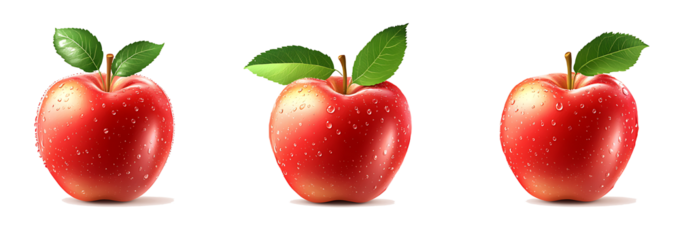 Set of red apples with leaves isolated white background PNG.AI GENERATED