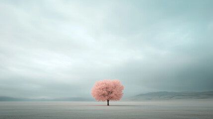 Solitary pink tree stands out in a foggy field under a soft gray sky during dawn, creating a serene and tranquil atmosphere. Generative AI