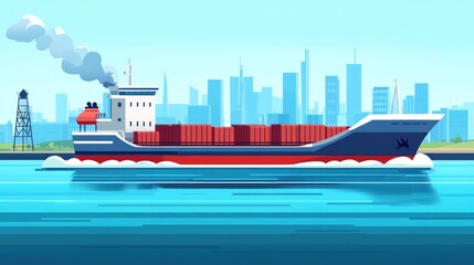 A colorful cargo ship navigating through a calm harbor with a city skyline in the background.