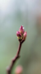 Fototapeta premium Close-up of spring bud with dew drop on blurred background