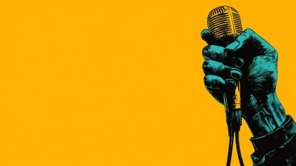 A minimalistic illustration of a hand holding a microphone against a bright yellow background