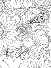 Fototapeta premium Floral Fantasy: An intricate floral pattern offers a soothing and engaging coloring experience. The design features various flowers and leaves, creating a detailed and immersive artistic composition.