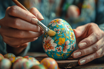 Artist painting a floral design on an Easter egg