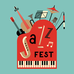 Jazz Fest Colorful Minimalist Design icon. Musical instruments simple shapes set in retro colors cartoon vintage style illustration. Jazz music festival live event performance background