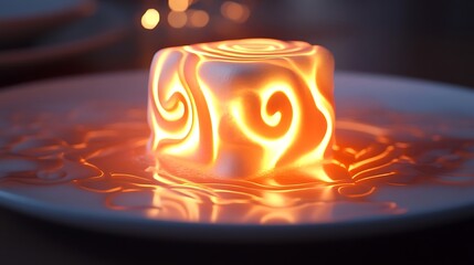 Obraz premium A glowing marshmallow with luminous swirls served on a high-tech dessert plate 