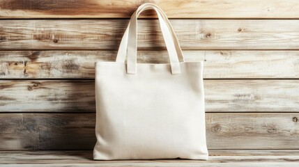 Blank Canvas Tote Bag Against Wooden Background