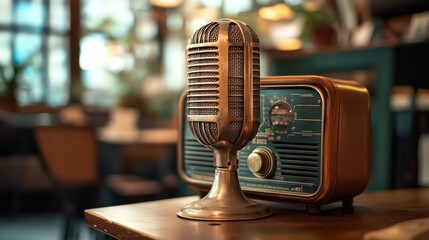 A vintage microphone stands next to a retro radio on a wooden table in a cozy indoor setting