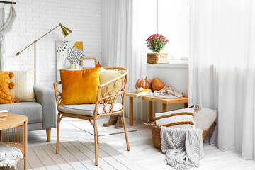 Interior of stylish living room with armchair and pumpkins on wooden bench