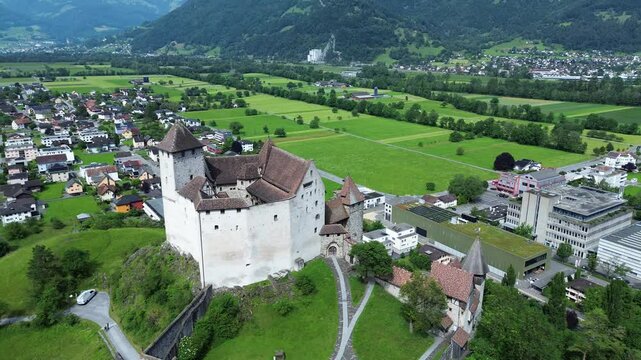 Aerial view of the Gutenberg Castle (Burg Gutenberg) in the town of Balzers, Liechtenstein