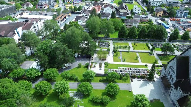 Aerial footage of the cityscape of the Balzers on a clear sunny day in southern Liechtenstein