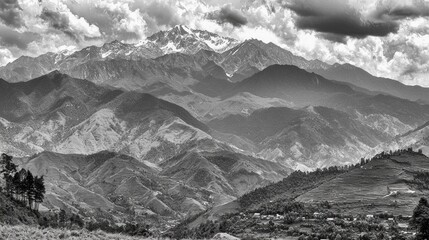 Majestic mountain range panorama, valley village, cloudy sky, scenic travel poster