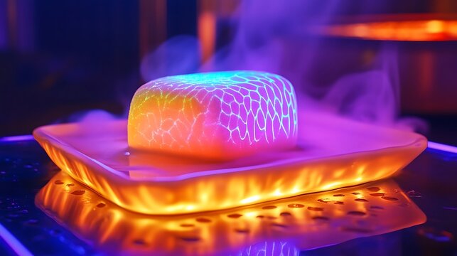A glowing marshmallow with holographic patterns served on a glowing dessert tray 