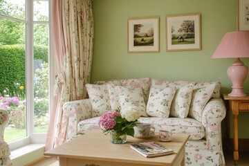 Obraz premium Cozy floral living room with sofa and large window overlooking garden